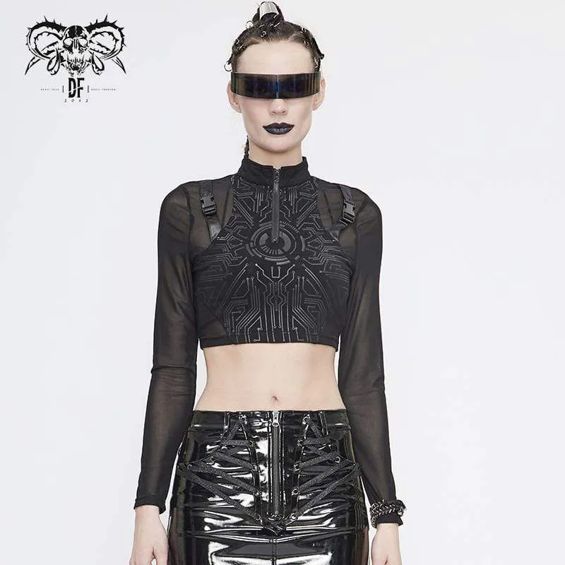 Damen Gothic Lace Overlay Scottish Check Short Puffed Sleeve Tops