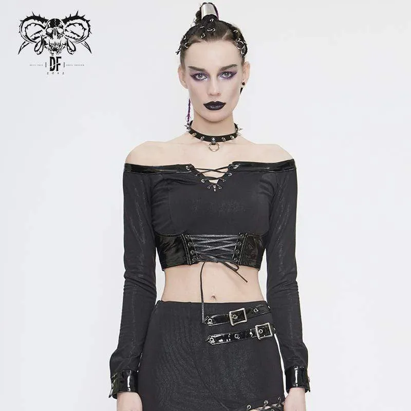 Damen Gothic Off Shoulder Schnürung Kunstleder Detail Crop Top