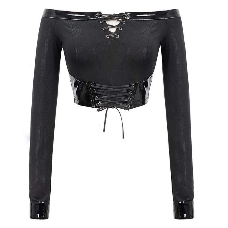 Damen Gothic Off Shoulder Schnürung Kunstleder Detail Crop Top