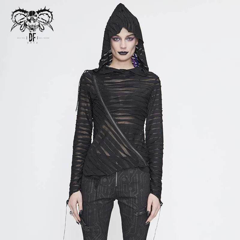 Damen Gothic Asymmetrical Sheer Langarm Tops mit Kapuze