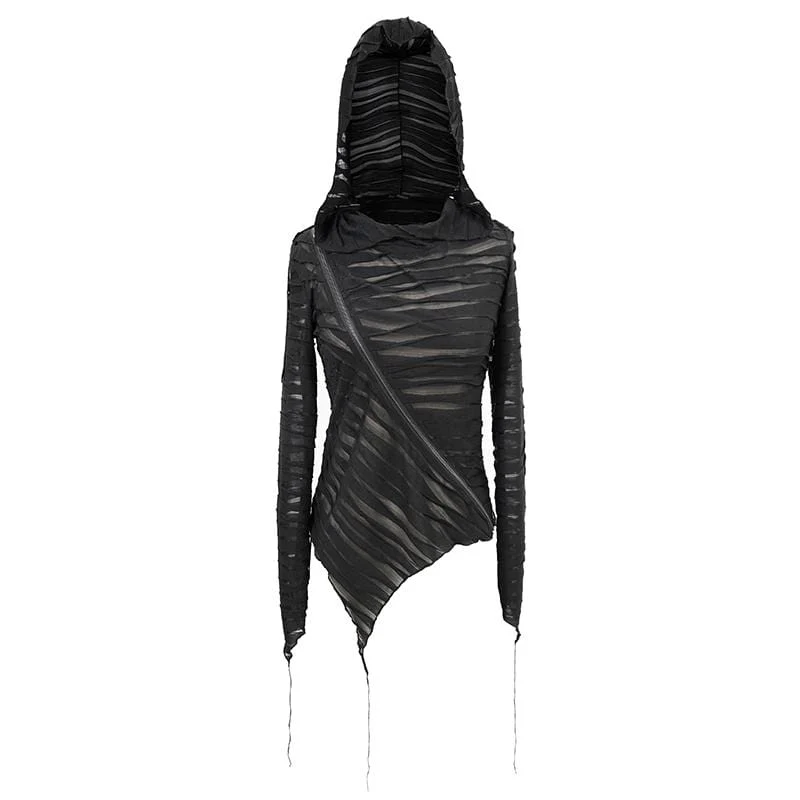Damen Gothic Asymmetrical Sheer Langarm Tops mit Kapuze