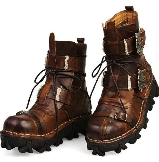 Herren Punk Skull Straps Rindsleder Lederstiefel