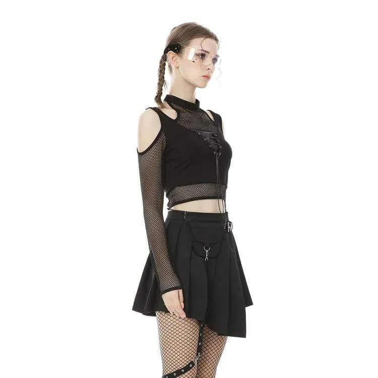 Frauen Punk Cutout Schulter Sheer Mesh Tops