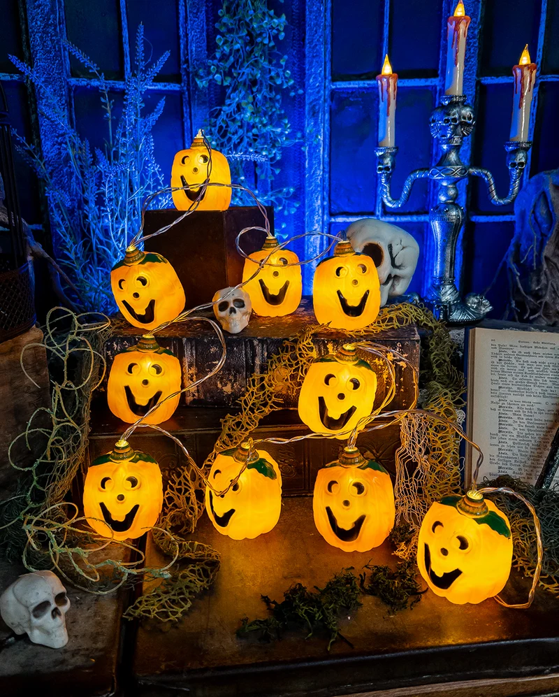 Grinsende Halloween Kürbis Lichterkette mit 10 LEDs