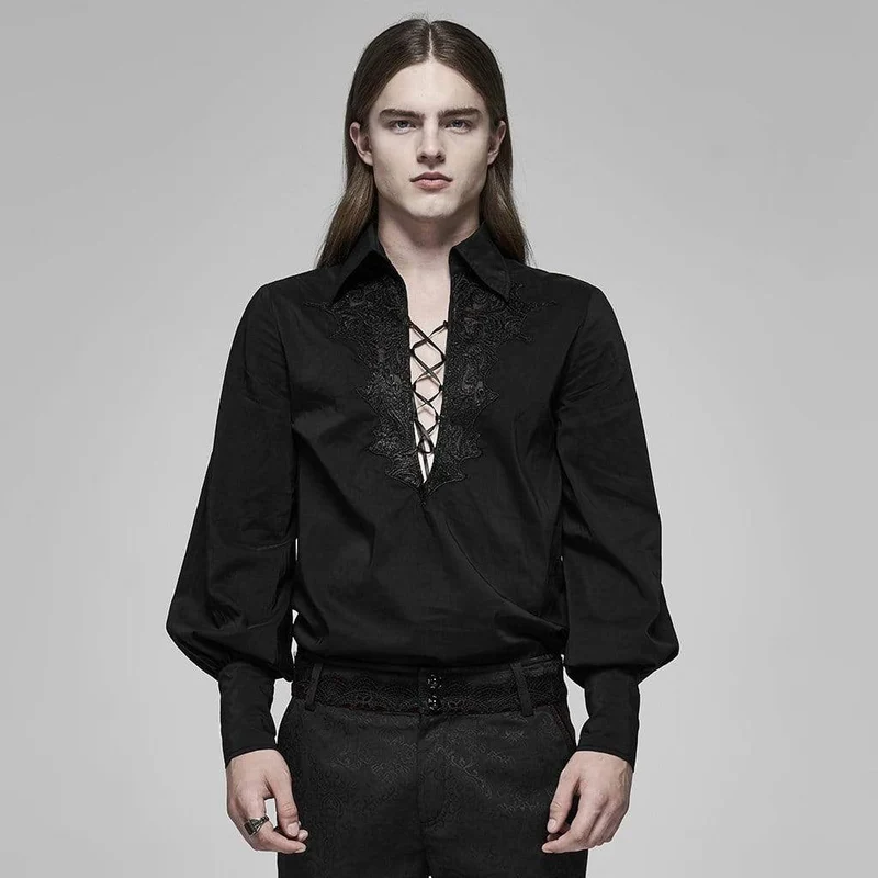 Herren Gothic Deep V-Ausschnitt Puff Sleeved Ropes Shirts