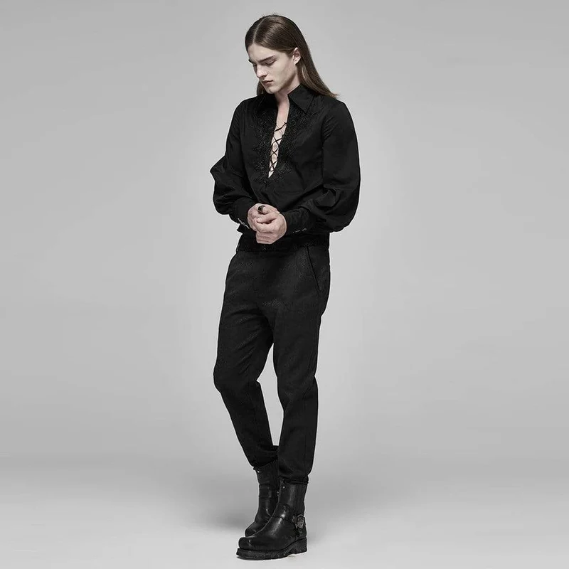 Herren Gothic Deep V-Ausschnitt Puff Sleeved Ropes Shirts