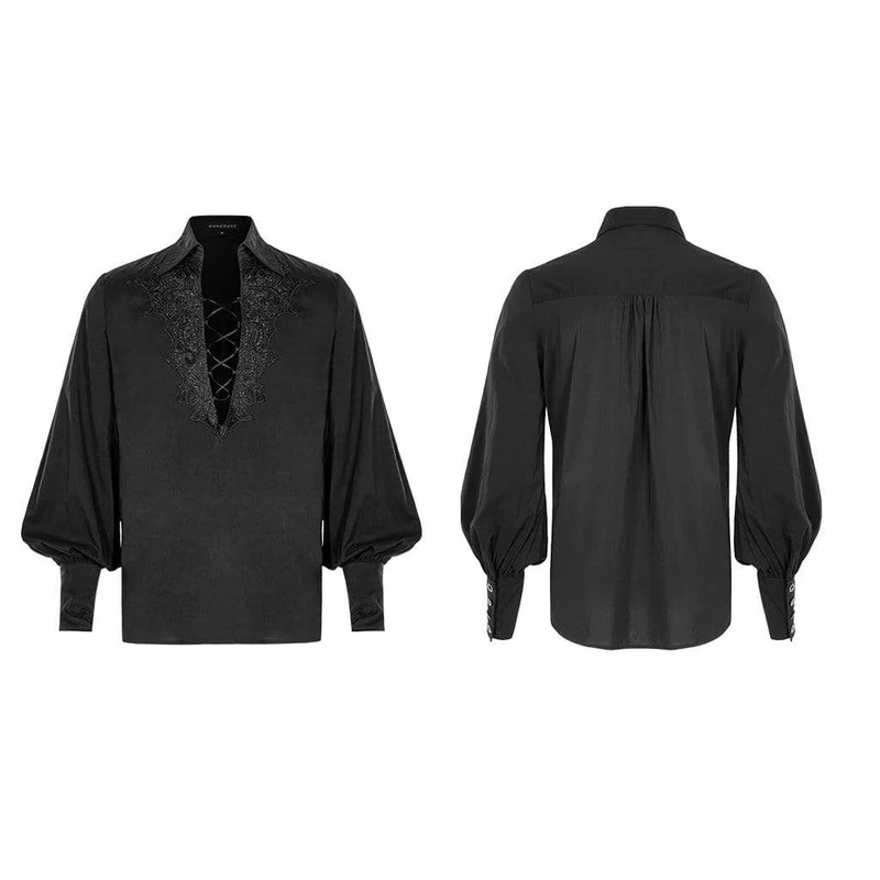 Herren Gothic Deep V-Ausschnitt Puff Sleeved Ropes Shirts