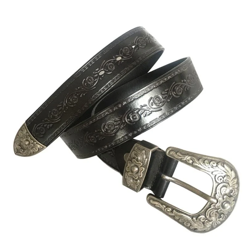 Herren Gothic Floral Carving Cowhide Long Belts
