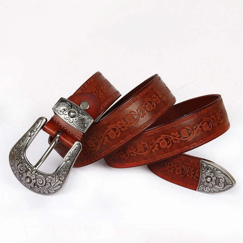 Herren Gothic Floral Carving Cowhide Long Belts