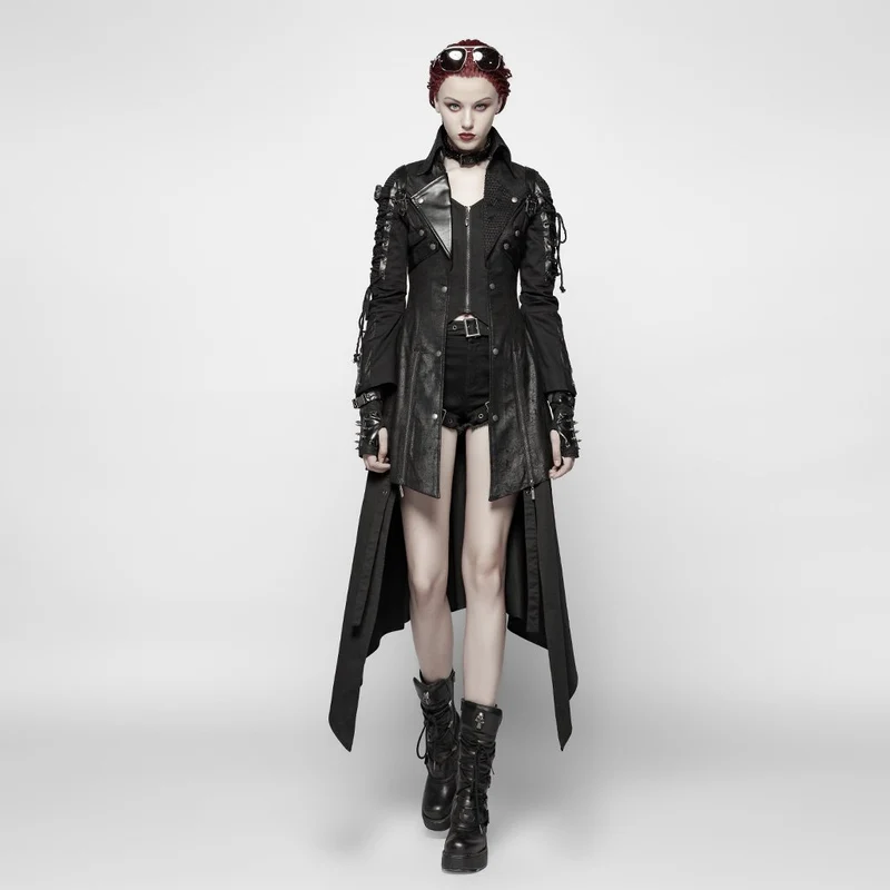Frauen Punk besetzt Kunstleder Reißverschluss Jacke schwarz