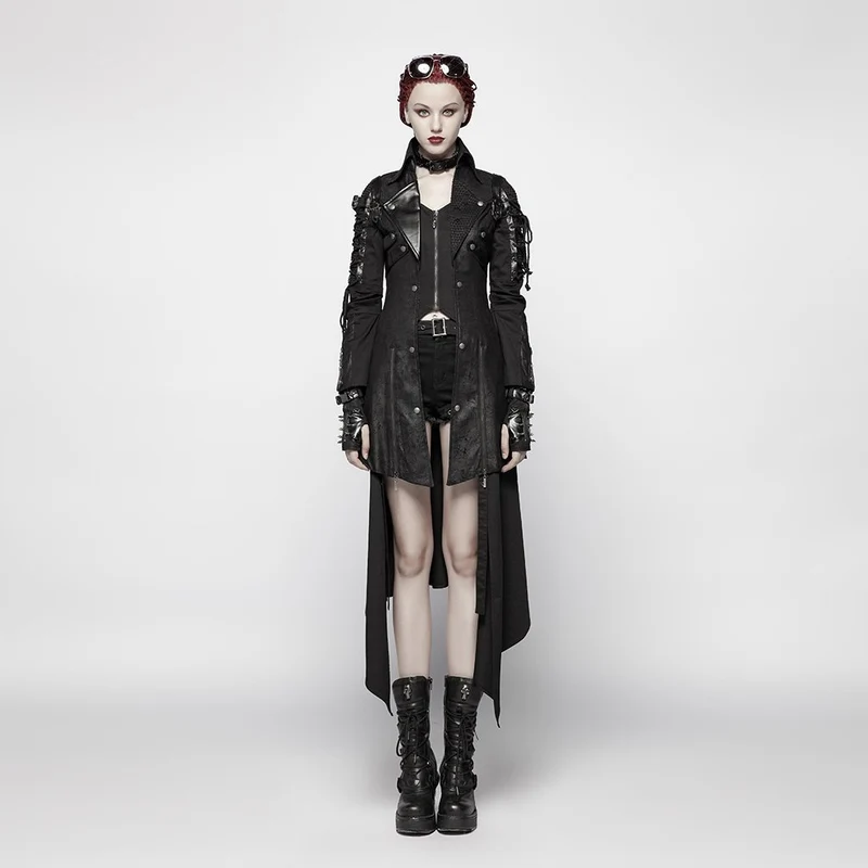 Frauen Punk besetzt Kunstleder Reißverschluss Jacke schwarz