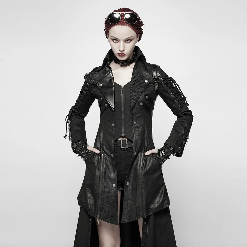Frauen Punk besetzt Kunstleder Reißverschluss Jacke schwarz