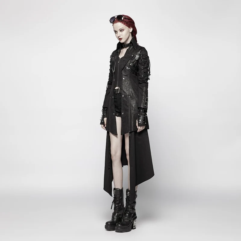 Frauen Punk besetzt Kunstleder Reißverschluss Jacke schwarz