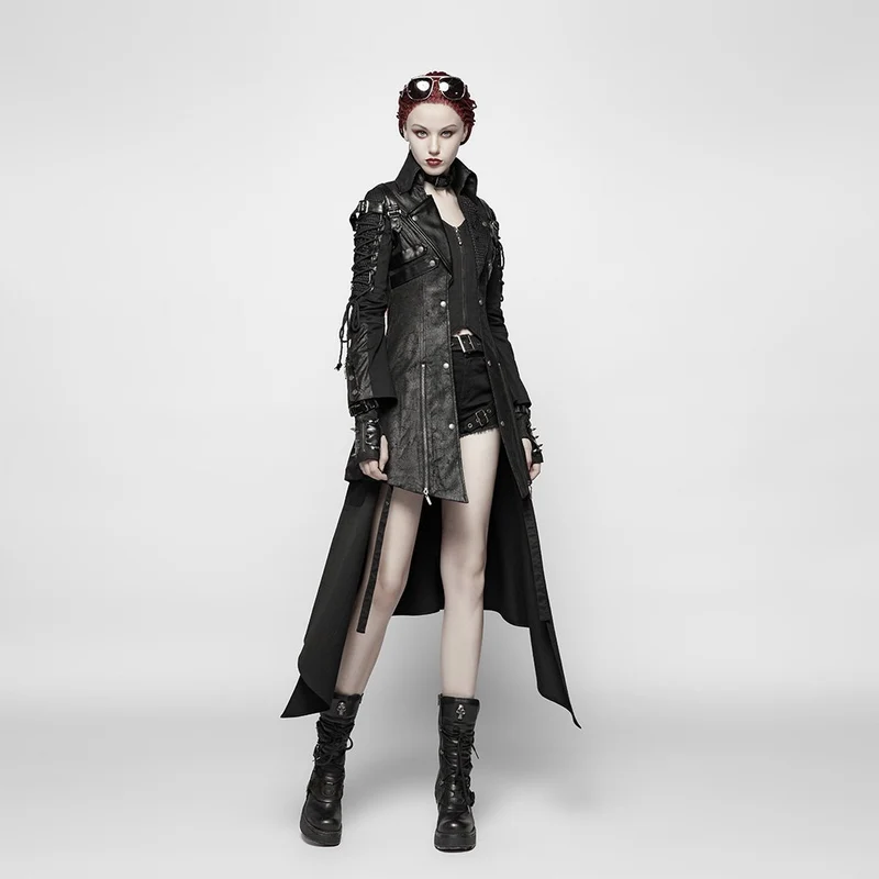 Frauen Punk besetzt Kunstleder Reißverschluss Jacke schwarz