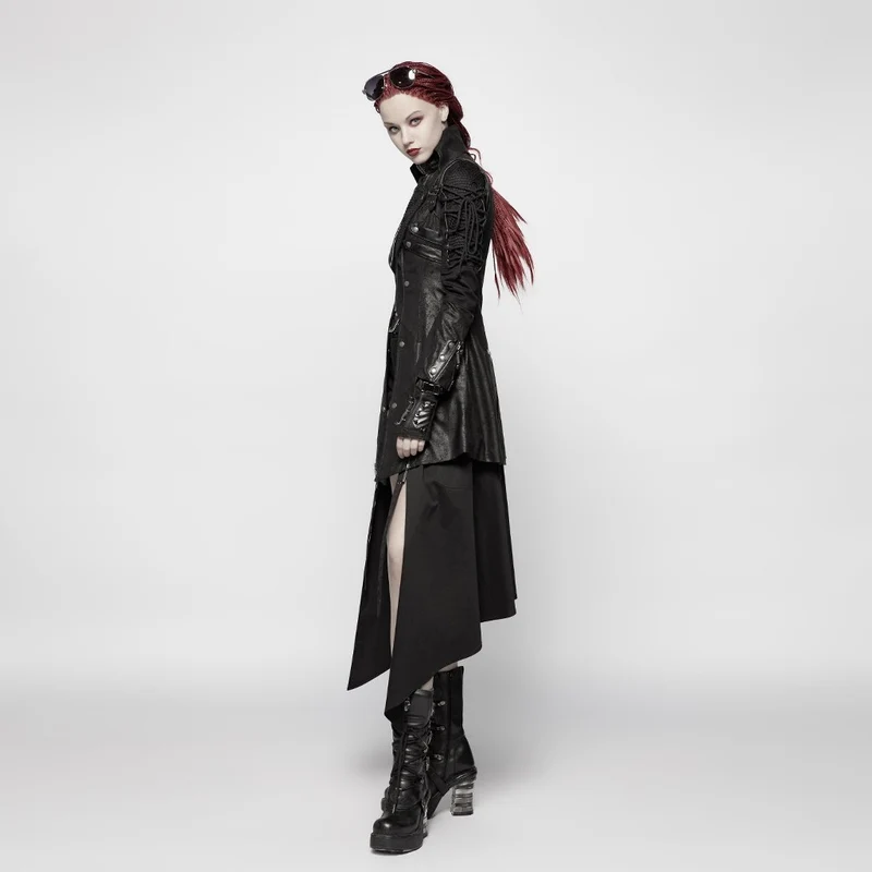 Frauen Punk besetzt Kunstleder Reißverschluss Jacke schwarz