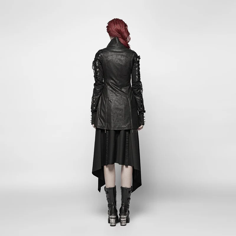 Frauen Punk besetzt Kunstleder Reißverschluss Jacke schwarz
