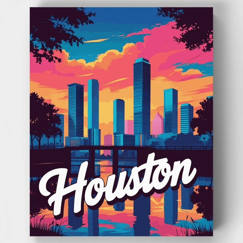 Houston Skyline Waterfront Sunset - Paint by Numbers Kit
