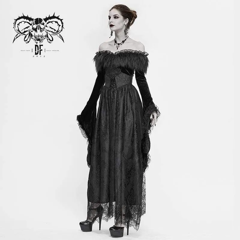 Damen Gothic Kunstpelz Off-Schulter Spitzenkleider Brautkleid
