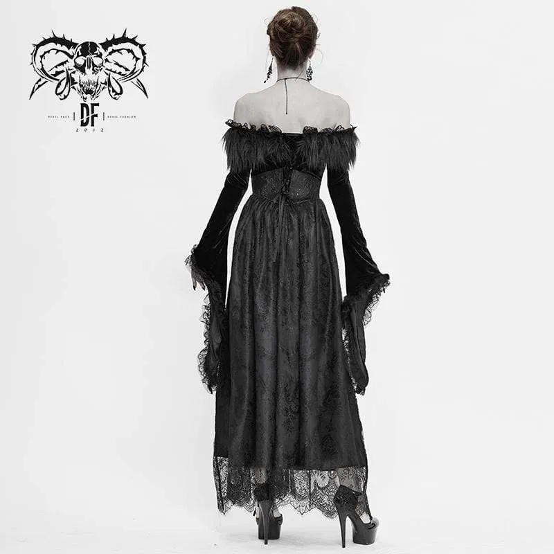 Damen Gothic Kunstpelz Off-Schulter Spitzenkleider Brautkleid