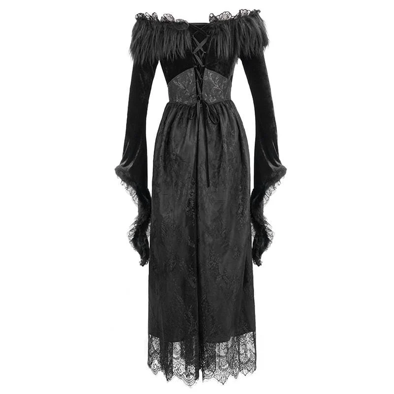 Damen Gothic Kunstpelz Off-Schulter Spitzenkleider Brautkleid