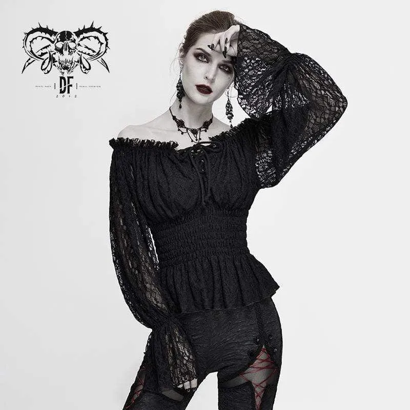 Damen Gothic Off-Shoulder Strappy Lace Sleeve Tops
