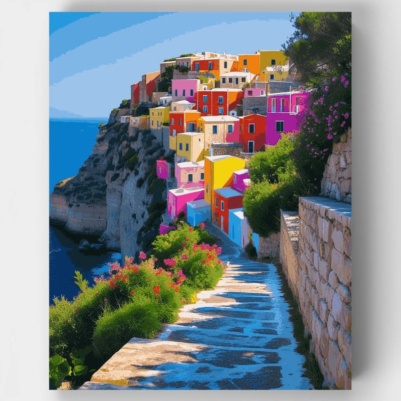 Colorful Cliffside Village - Paint by Numbers Kit