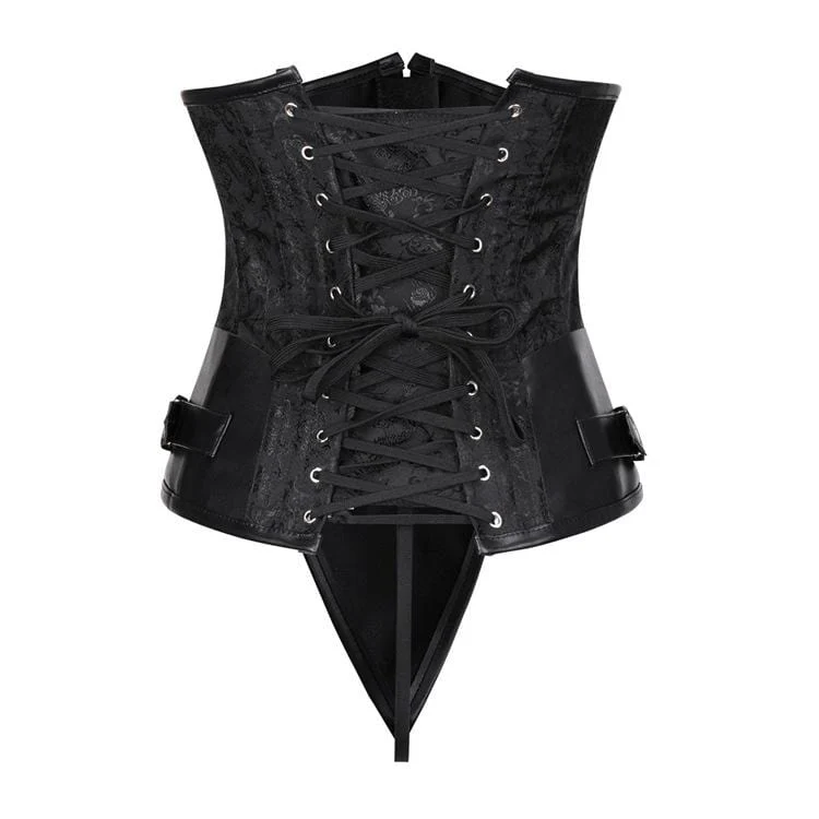 Damen Gothic Jacquard Spleißen Kunstlederketten Overbust Korsetts mit T-Rücken