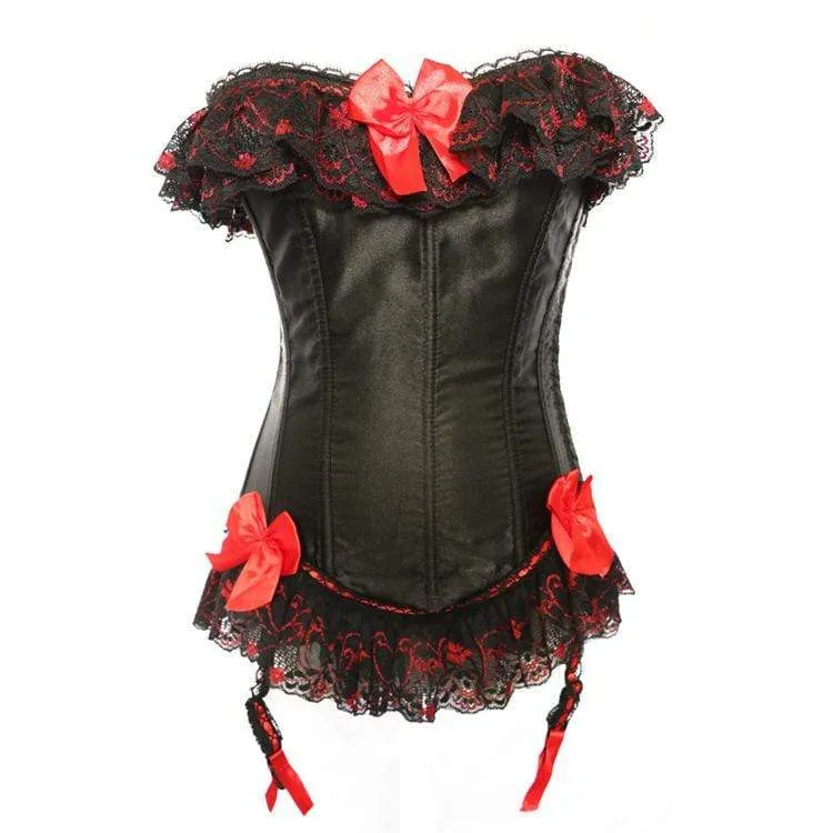 Damen Gothic Lace Hem Kontrast Farbe Bowknot Overbust Korsetts mit T-Rücken