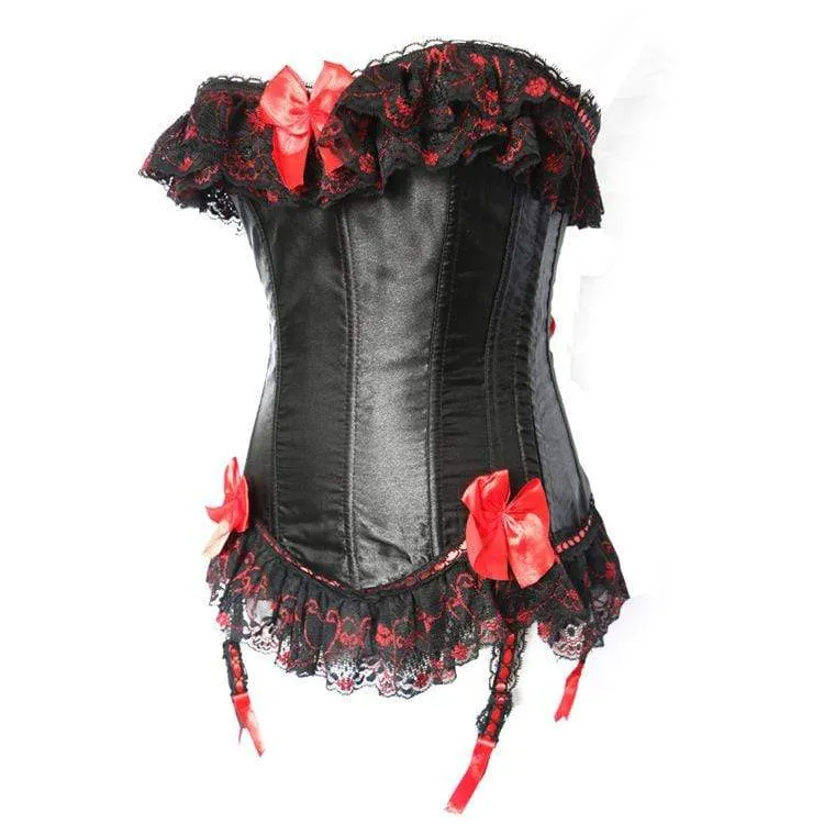Damen Gothic Lace Hem Kontrast Farbe Bowknot Overbust Korsetts mit T-Rücken