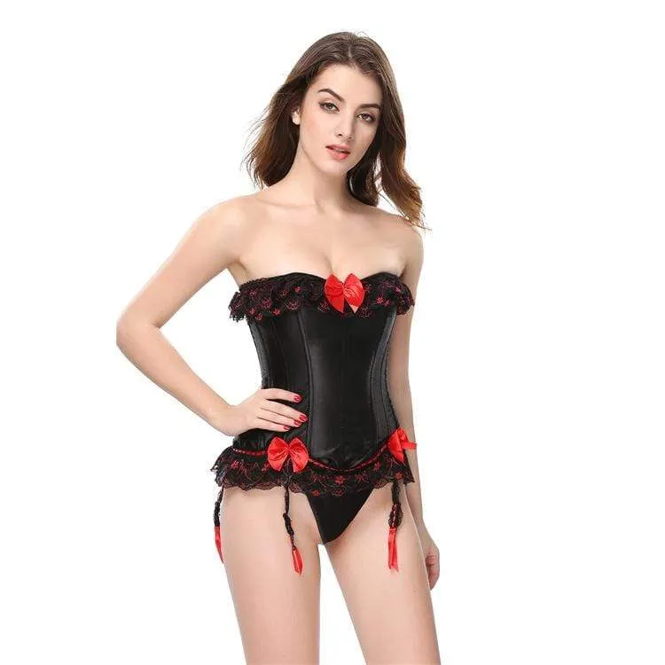 Damen Gothic Lace Hem Kontrast Farbe Bowknot Overbust Korsetts mit T-Rücken
