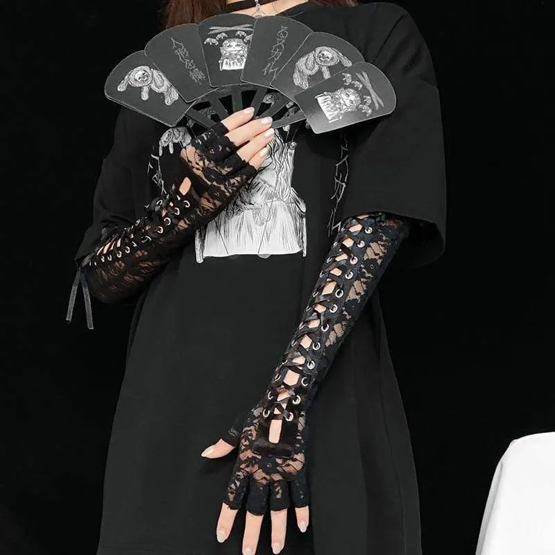 Frauen Punk Lace Pattern Ribbon Kordelzug Handschuhe