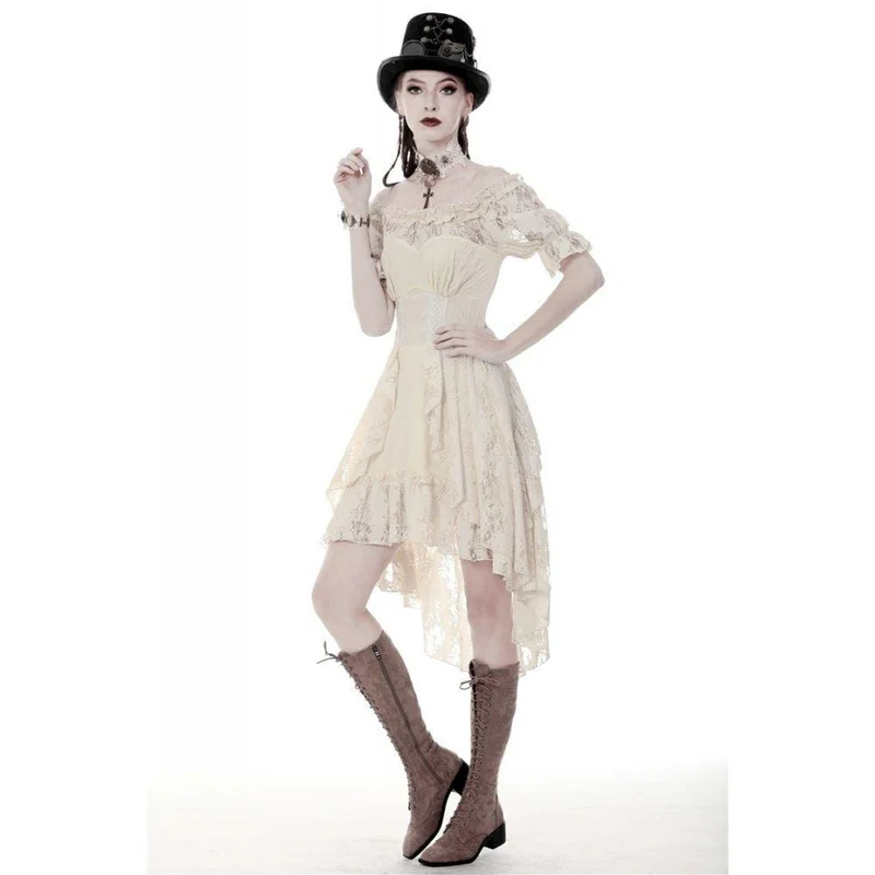 Wunderschönes beigefarbenes Vintage-Kleid mit Rüschen und Raffungen, perfekt für den Schulabschluss.