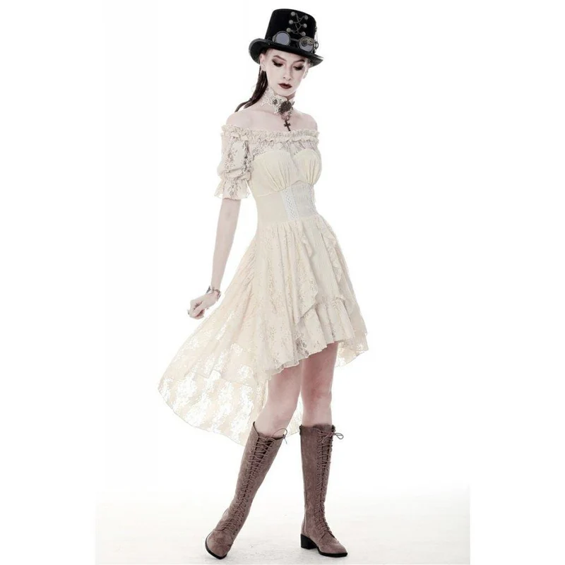Wunderschönes beigefarbenes Vintage-Kleid mit Rüschen und Raffungen, perfekt für den Schulabschluss.