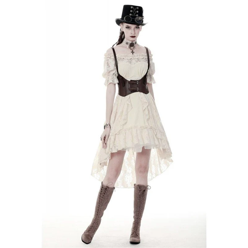 Wunderschönes beigefarbenes Vintage-Kleid mit Rüschen und Raffungen, perfekt für den Schulabschluss.