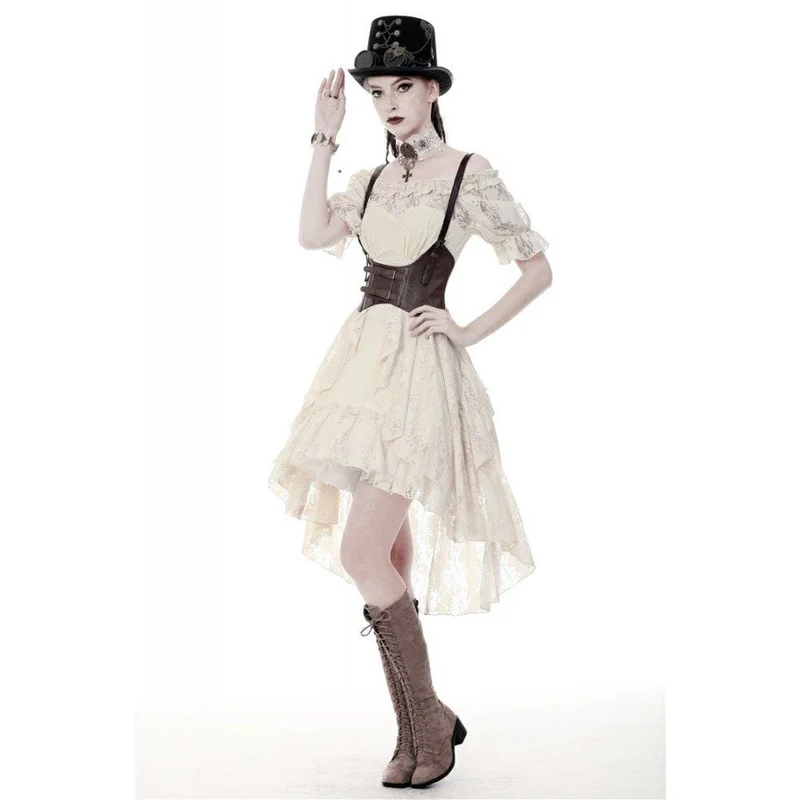 Wunderschönes beigefarbenes Vintage-Kleid mit Rüschen und Raffungen, perfekt für den Schulabschluss.