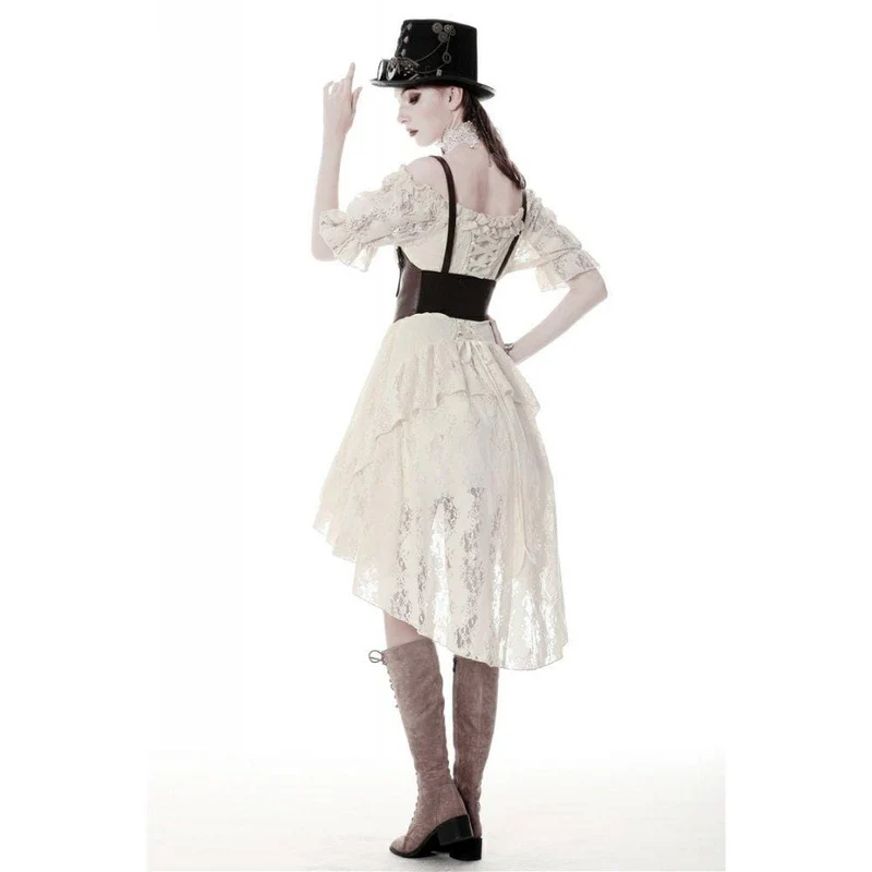 Wunderschönes beigefarbenes Vintage-Kleid mit Rüschen und Raffungen, perfekt für den Schulabschluss.