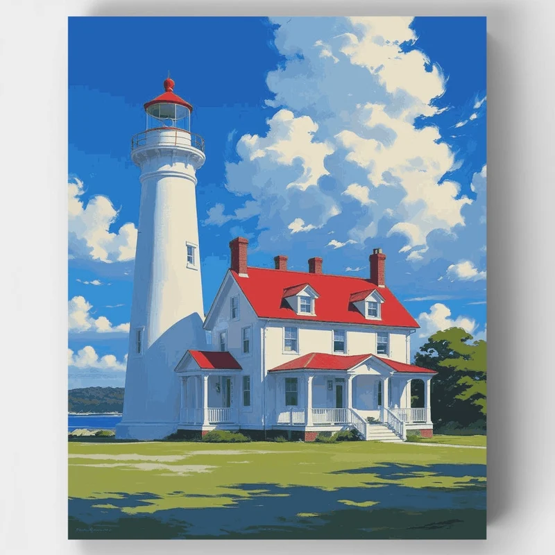 Cape Cod White Lighthouse and Colonial Keeper's House - Paint by Numbers Kit