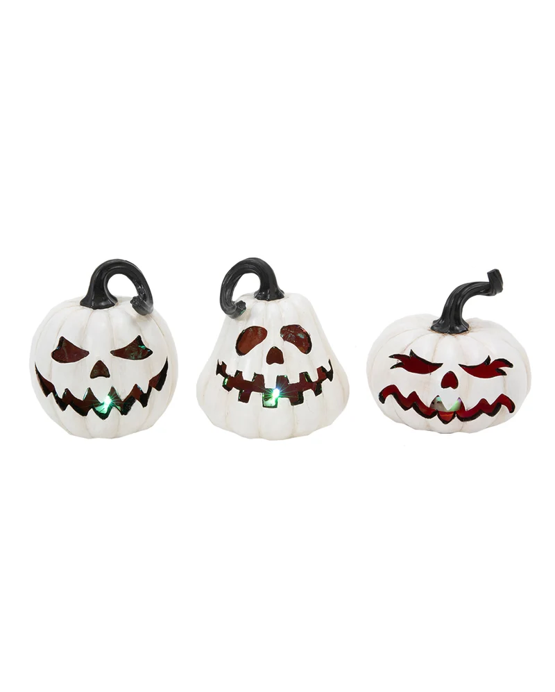 Weißer Halloween Kürbis mit Spooky Gesicht & LED 14cm