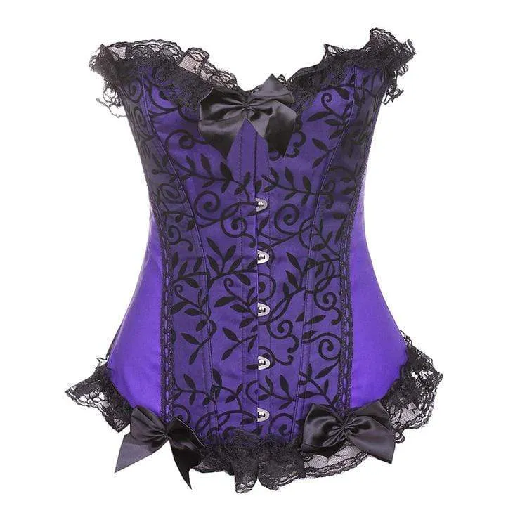 Damen Gothic Lace Hem Floral Mesh Spleißen Satin Overbust Korsetts mit T-Rücken