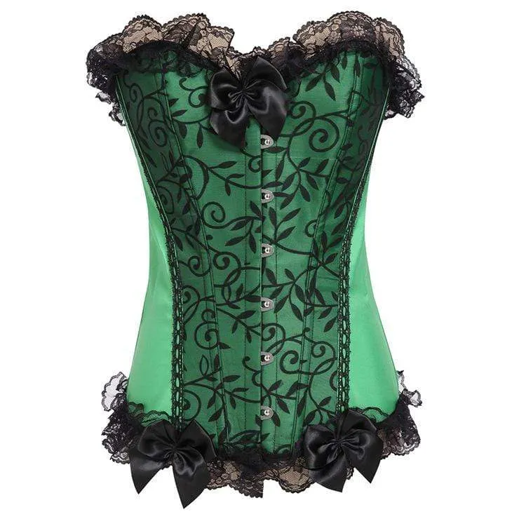 Damen Gothic Lace Hem Floral Mesh Spleißen Satin Overbust Korsetts mit T-Rücken