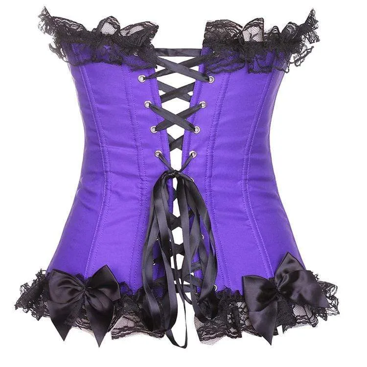 Damen Gothic Lace Hem Floral Mesh Spleißen Satin Overbust Korsetts mit T-Rücken