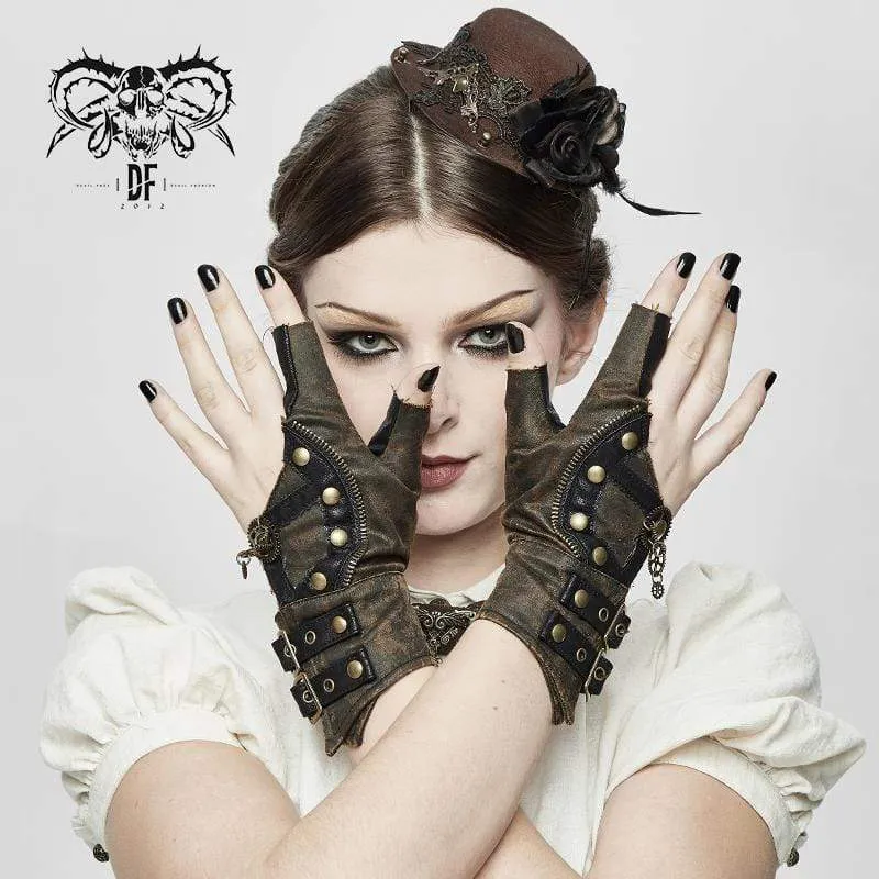 Damen Steampunk Gears Zipper Unregelmäßige Handschuhe