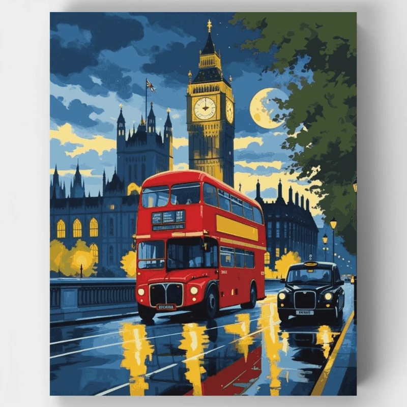 London Night Scene with Big Ben & Red Bus - Paint by Numbers Kit