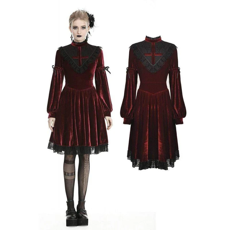 Damen Vintage Spitzenkragen Velet Kleider Rot