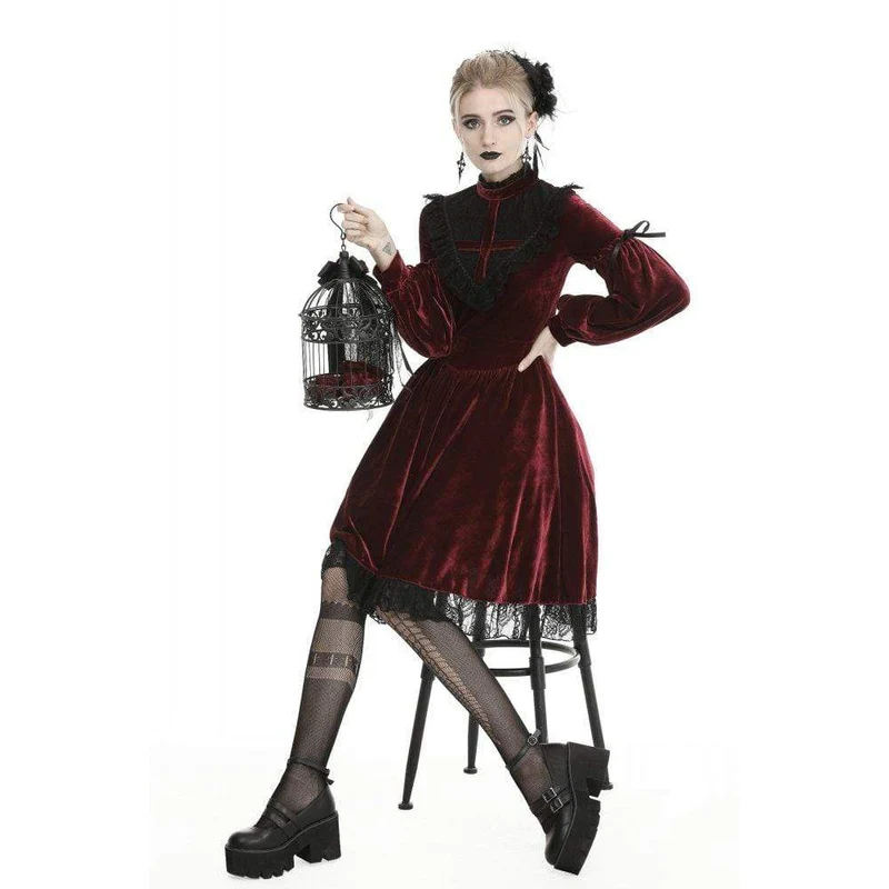 Damen Vintage Spitzenkragen Velet Kleider Rot