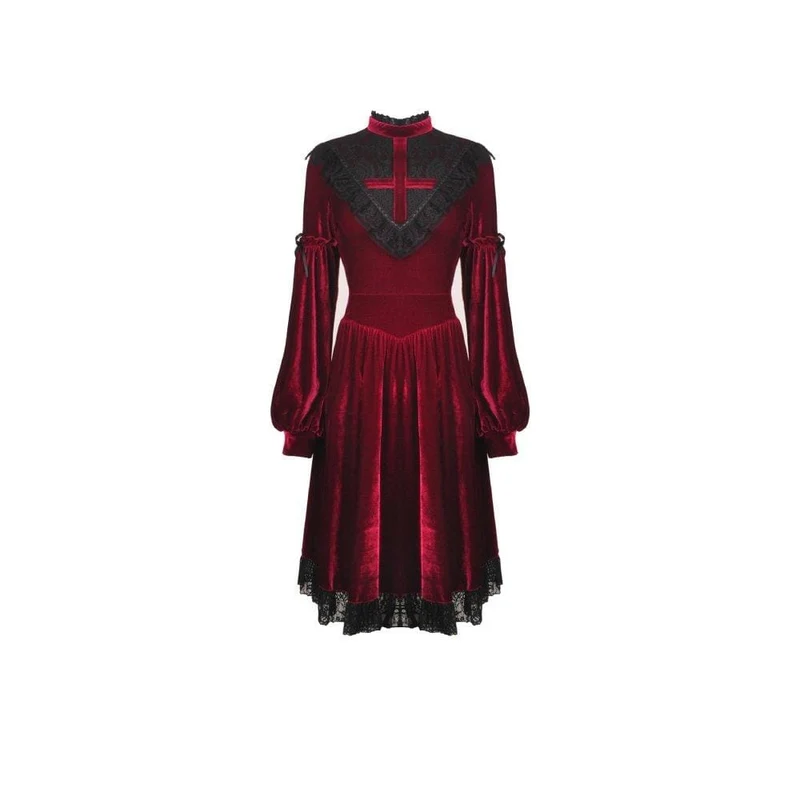 Damen Vintage Spitzenkragen Velet Kleider Rot