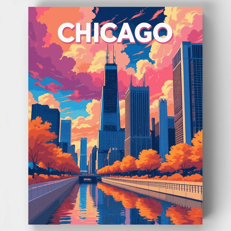 Chicago Skyline Sunset - Paint by Numbers Kit
