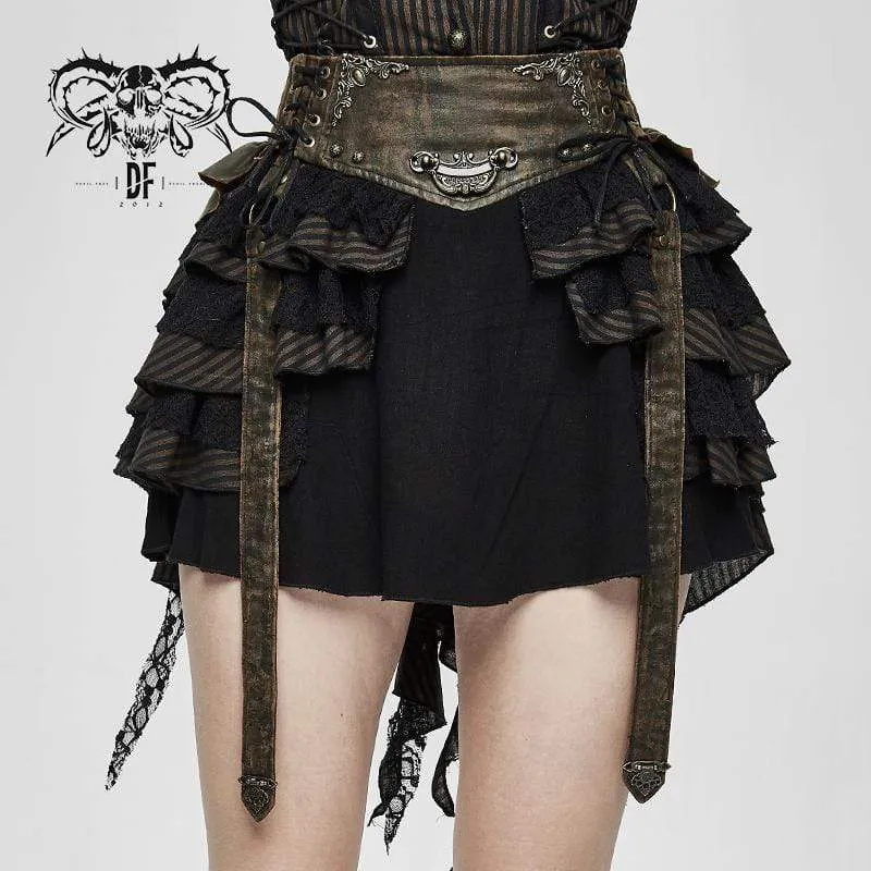 Damen Vintage Schnürschärpen Rüschen Lagenröcke