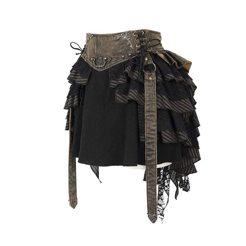 Damen Vintage Schnürschärpen Rüschen Lagenröcke