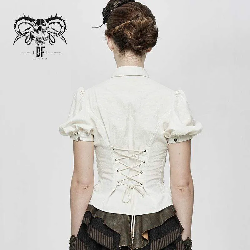 Damen Vintage Lentern Ärmel Schnür Elfenbein Shirts
